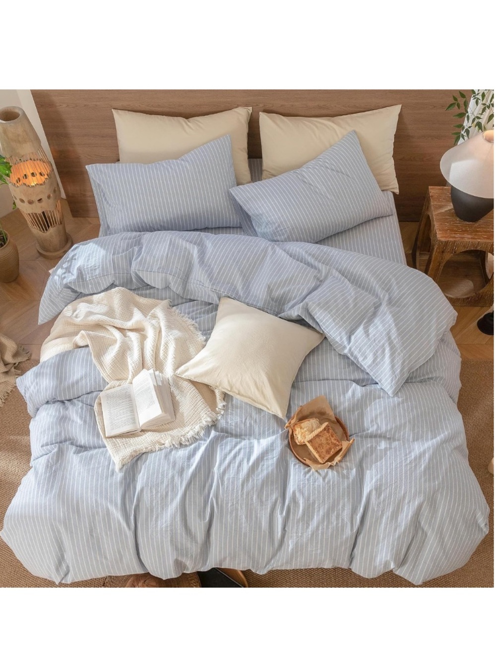 TWIN SIZE 100% Cotton Duvet Cover 2Pc Set Wide Stripes CORNFLOWER BLUE & WHITE